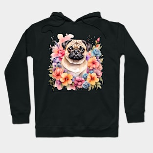 A pug decorated with beautiful watercolor flowers Hoodie